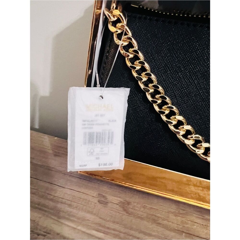 New Michael Kors Jet Set Sm MK Chain Pouchette Leather Black W/ Gold MSRP $198 - Picture 2 of 5